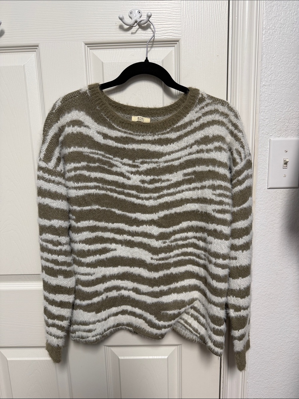 Kori Olive & Cream Zebra-Stripe Crewneck Sweater